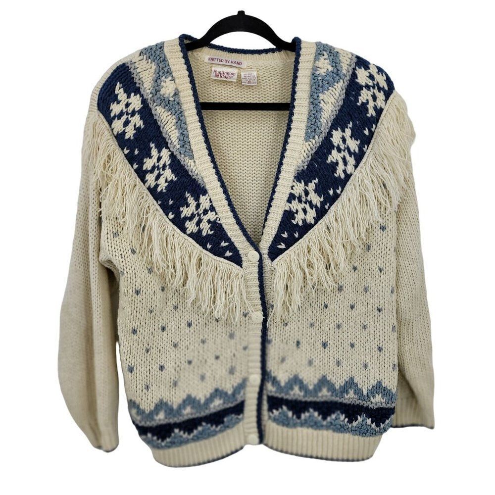 Vintage 80s Western Cardigan Sweater M Blue Cream Fringe‎ Hand Knit Button Up